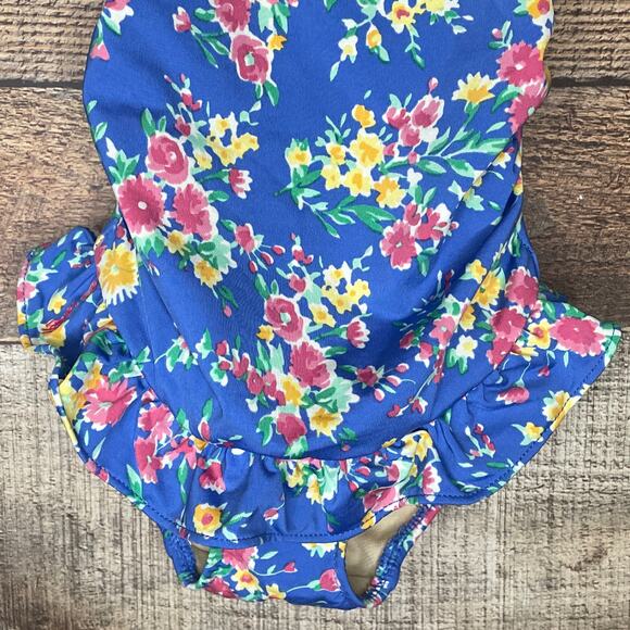Ralph Lauren Blue Floral Halter Ruffle Trim One Piece Swimsuit Size 9 Months - Picture 3 of 9